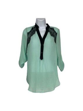 Iz Byer XS Mint Green & Black Blouse Lace Detail Sheer Lightweight Button-Up Top